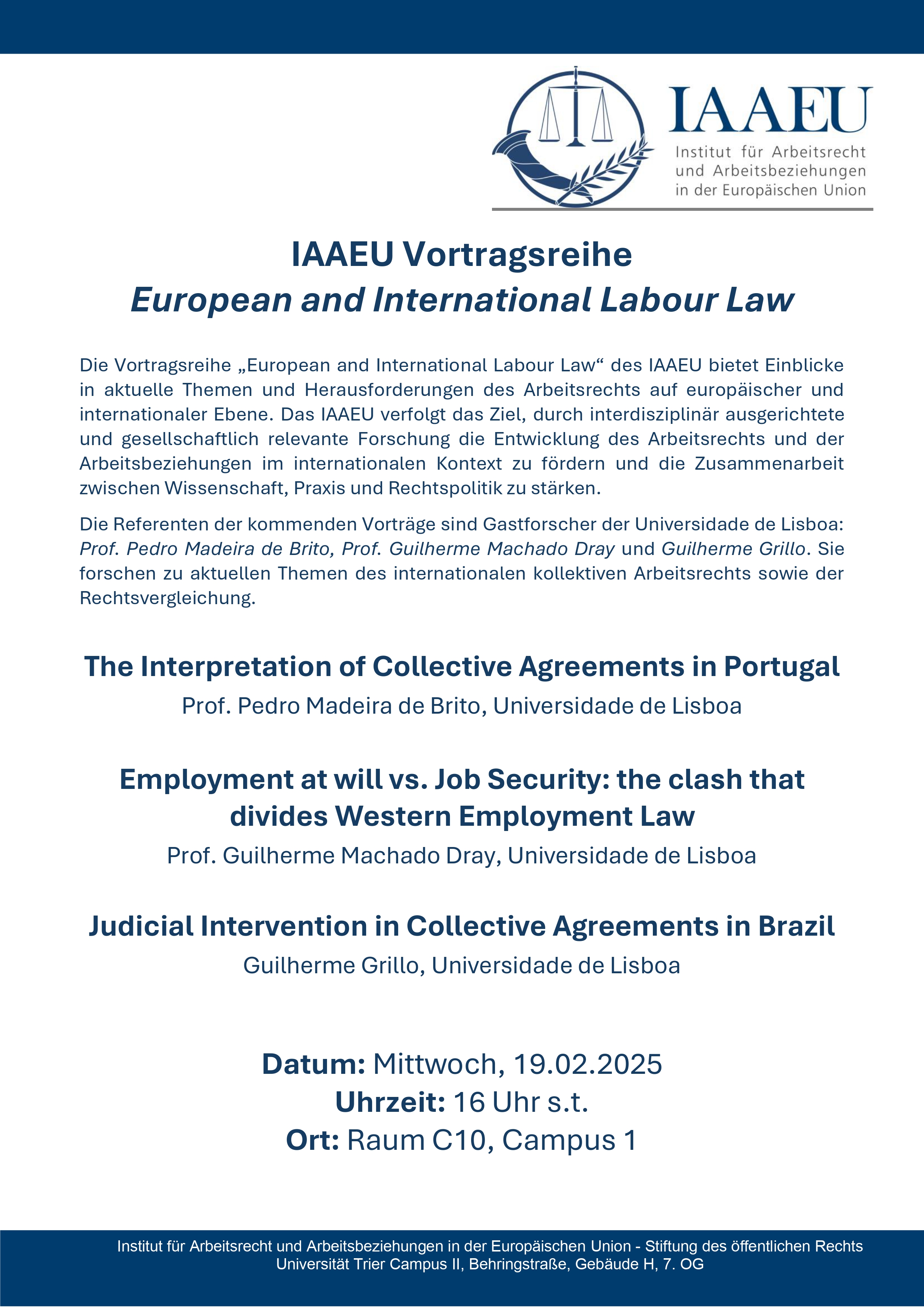 Ankündigung der Vorträge für die Vortragsreihe 'European and International Labour Law'